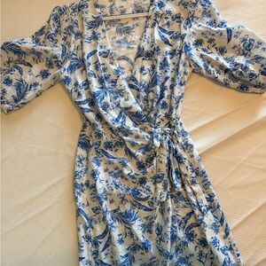 Mango Blue and White Floral Long Sleeve Dress
